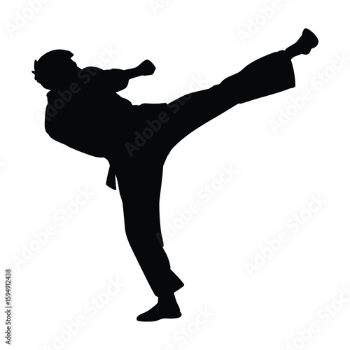 silhouette of a person performing karate kick vector art illustration