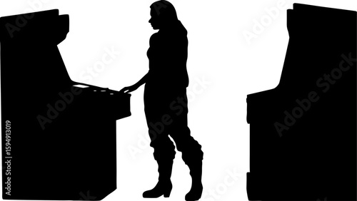 Silhouette of a woman playing an arcade game standing between two arcade cabinets in a game room area