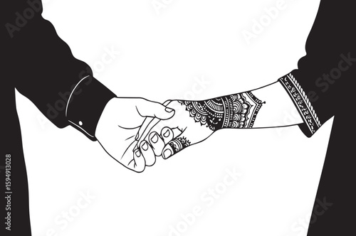 Couple holding hands with henna tattoo in line art style