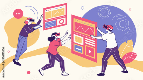 People interacting with virtual reality interfaces and data visualizations