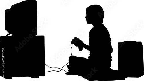 Silhouette of a boy playing video games on an old television with a wired controller in a room setting