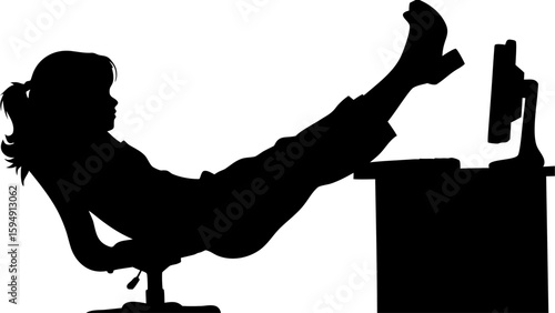 Silhouette of a woman with feet up on a desk with a computer monitor in a relaxed position at work