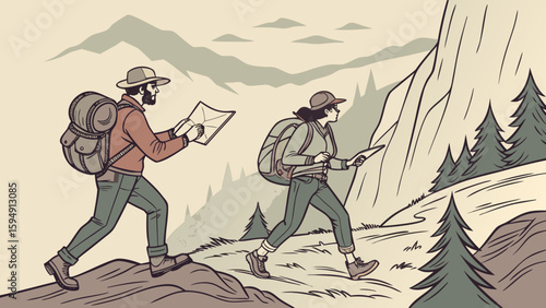 Two hikers with backpacks consult a map while trekking through a mountainous forest landscape