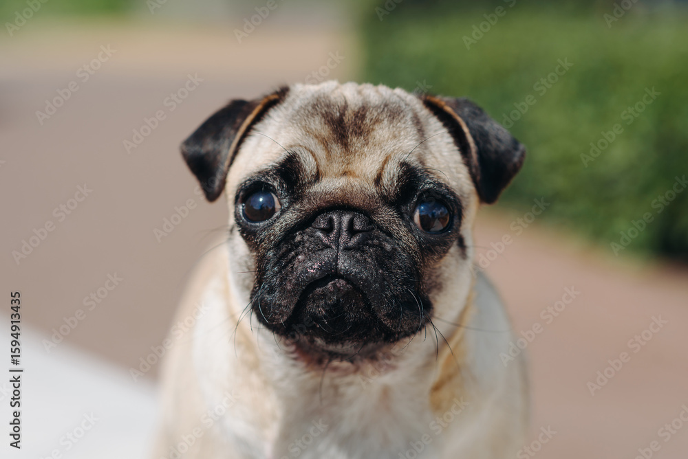 Obraz premium cute small cream pug walks on green grass in summer park in summer day, face closeup view, dogwalking concept