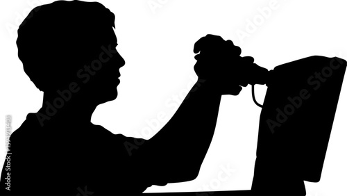 Silhouette of a person holding a microphone and speaking into a computer screen in black and white art
