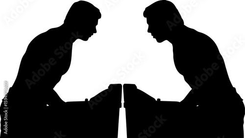 Silhouette illustration of two men playing foosball or table soccer facing each other in a competitive game
