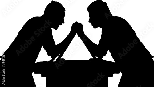 Silhouette of two people arm wrestling on a table in a competitive match with focus and determination