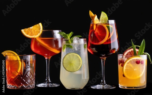 Wallpaper Mural Five distinct cocktails in various glassware with vibrant garnishes arranged in a row on black background, professional product photography emphasizing color and clarity Torontodigital.ca