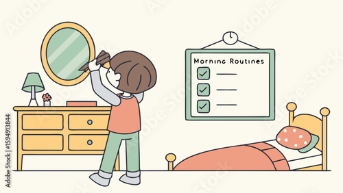 Child brushing teeth in front of mirror with morning routine checklist
