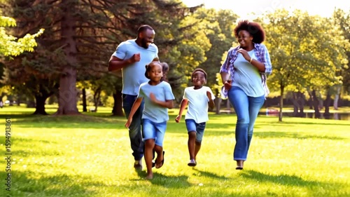 Parents and children joyfully run and play in a sun-drenched park, full of laughter and energy.