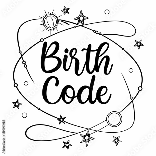 Birth Code text design, astrological theme, numerology symbol