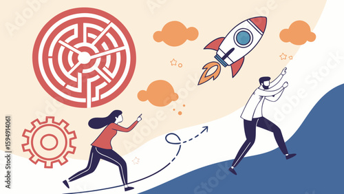 Business people overcoming challenges and launching a rocket for success