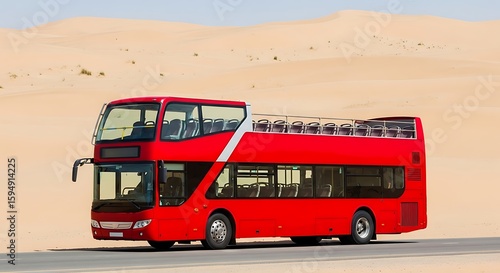 Red double decker bus tour in desert landscape for travel tourism and transportation concept view