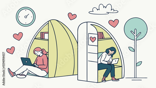 Two women working on laptops in separate cozy pods with hearts and a clock