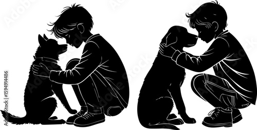 Children and Dogs Silhouettes - Boy Pet Friendship & Animal Companionship