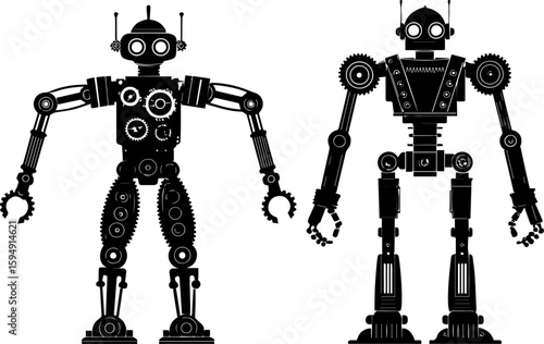 Two Detailed Robot Silhouettes: AI and Technology Future