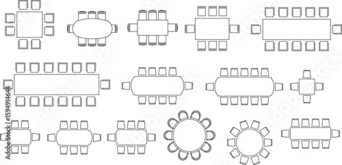 a comprehensive collection of vector diagrams illustrating various table and chair arrangements.