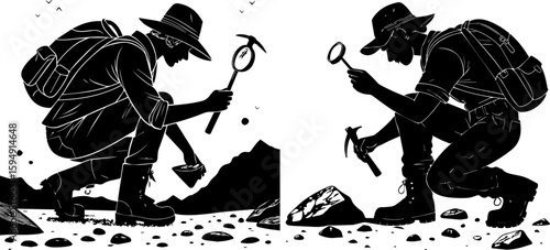 Geologist Fieldwork: Silhouettes Examining Rocks with Hammer and Magnifying Glass
