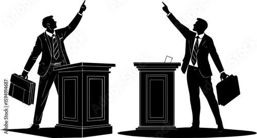 Business Debate Silhouettes: Speakers at Podium with Pointing Hand
