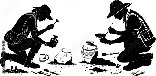 Archaeologists at Dig Site: Silhouettes Discovering Ancient Artifacts