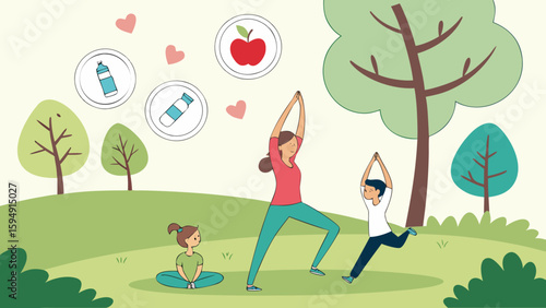 Family enjoying yoga and healthy lifestyle in a park