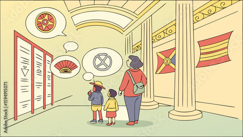 Family exploring artifacts and exhibits in a museum gallery