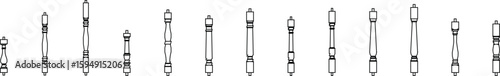 a set of simple vector diagrams illustrating various baluster designs, which are vertical components of a balustrade. The illustrations show different patterns and textures within the elongated shapes