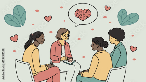 Diverse group therapy session with a counselor discussing mental health