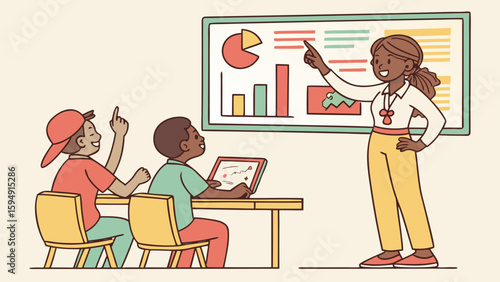 Teacher presenting data charts to attentive students in a classroom