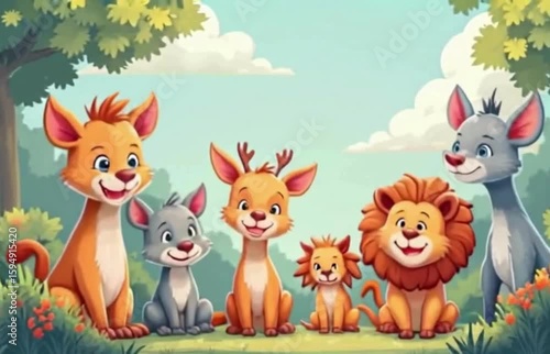 Wallpaper Mural Cartoon animals in a forest illustration display adorable lions, deer, and mouse characters enjoying a playful day Torontodigital.ca
