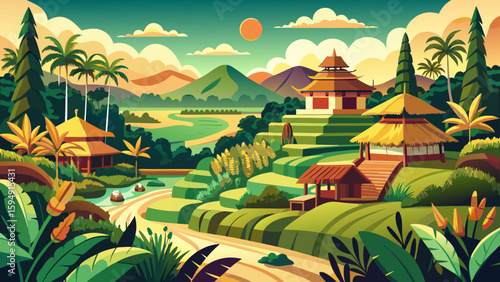 Ubud, Bali, Indonesia – Lush rice fields and artisan shops surround this spiritual village. Nature and creativity harmonize in a dreamlike vector-ready environment.