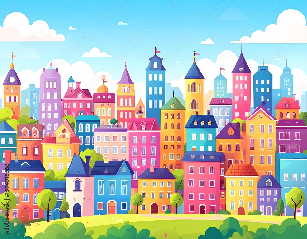 Vibrant cartoon cityscape with colorful buildings and fluffy clouds Vibrant cartoon cityscape with colorful buildings and fluffy clouds