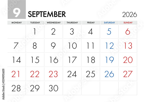 2026年9月のカレンダー月曜始まり
