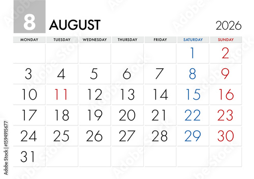 2026年8月のカレンダー月曜始まり