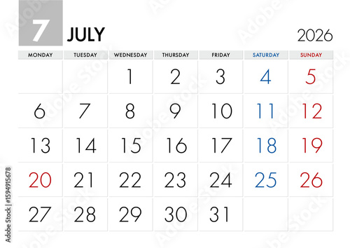 2026年7月のカレンダー月曜始まり