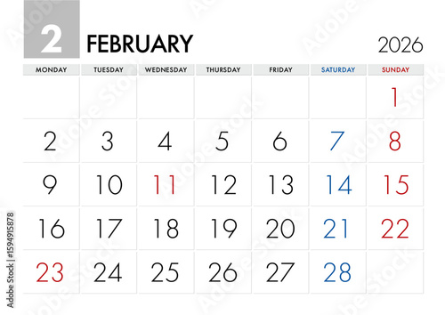 2026年2月のカレンダー月曜始まり
