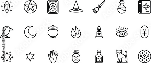 Collection of mystical and occult symbols in a simple line art silhouette