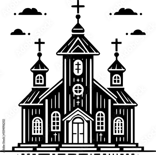 Black and white flat vector of a traditional church with a cross on top, simple and iconic christian architecture.