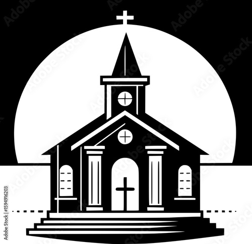 Black and white flat vector of a traditional church with a cross on top, simple and iconic christian architecture.