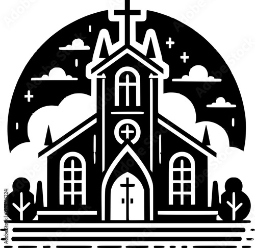 Black and white flat vector of a traditional church with a cross on top, simple and iconic christian architecture.