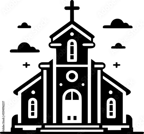 Black and white flat vector of a traditional church with a cross on top, simple and iconic christian architecture.