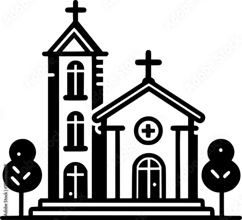 Black and white flat vector of a traditional church with a cross on top, simple and iconic christian architecture.