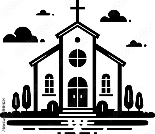 Black and white flat vector of a traditional church with a cross on top, simple and iconic christian architecture.