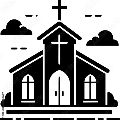 Black and white flat vector of a traditional church with a cross on top, simple and iconic Christian architecture.