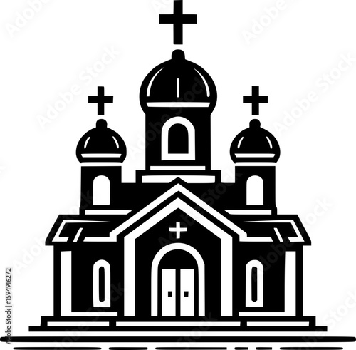 Black and white flat vector of a traditional church with a cross on top, simple and iconic Christian architecture.