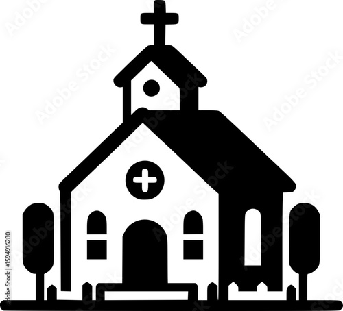 Black and white flat vector of a traditional church with a cross on top, simple and iconic Christian architecture.