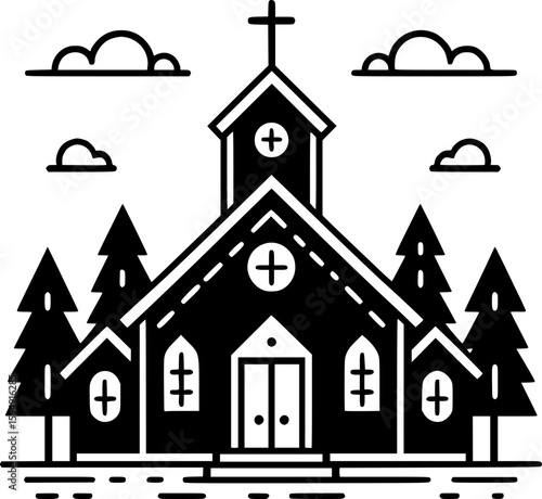 Black and white flat vector of a traditional church with a cross on top, simple and iconic Christian architecture.