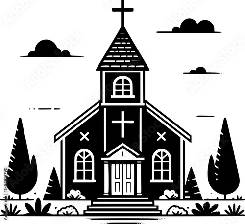 Black and white flat vector of a traditional church with a cross on top, simple and iconic Christian architecture.