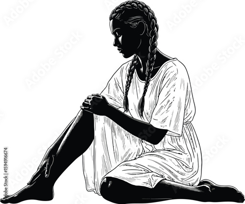 Vector art of a woman is sitting in silhouette, isolated on a white background, wearing a dress, embodying beauty, fashion, and a sense of introspection