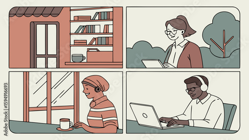 Diverse people working and studying remotely in different settings